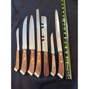 Lot of 7 Knives. Wooden Handles with Metal base cap. Rare find! - As Is